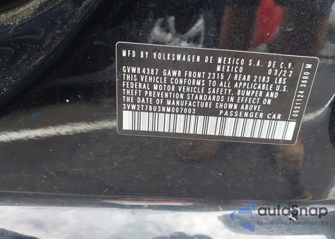 2022 Volkswagen Jetta Gli 2.0T Autobahn z USA, uszkodzony, nr VIN 3VW2T7BU3NM007003